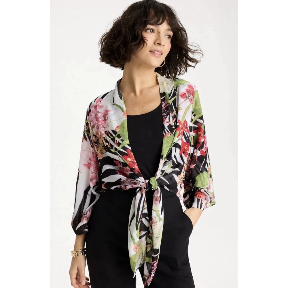 Chico's Georgette Tie Front Kimono 2/L Floral Barrel Sleeve Vacation